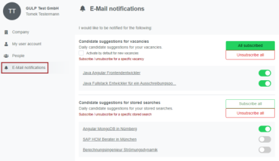 E-mail notifications management at account settings